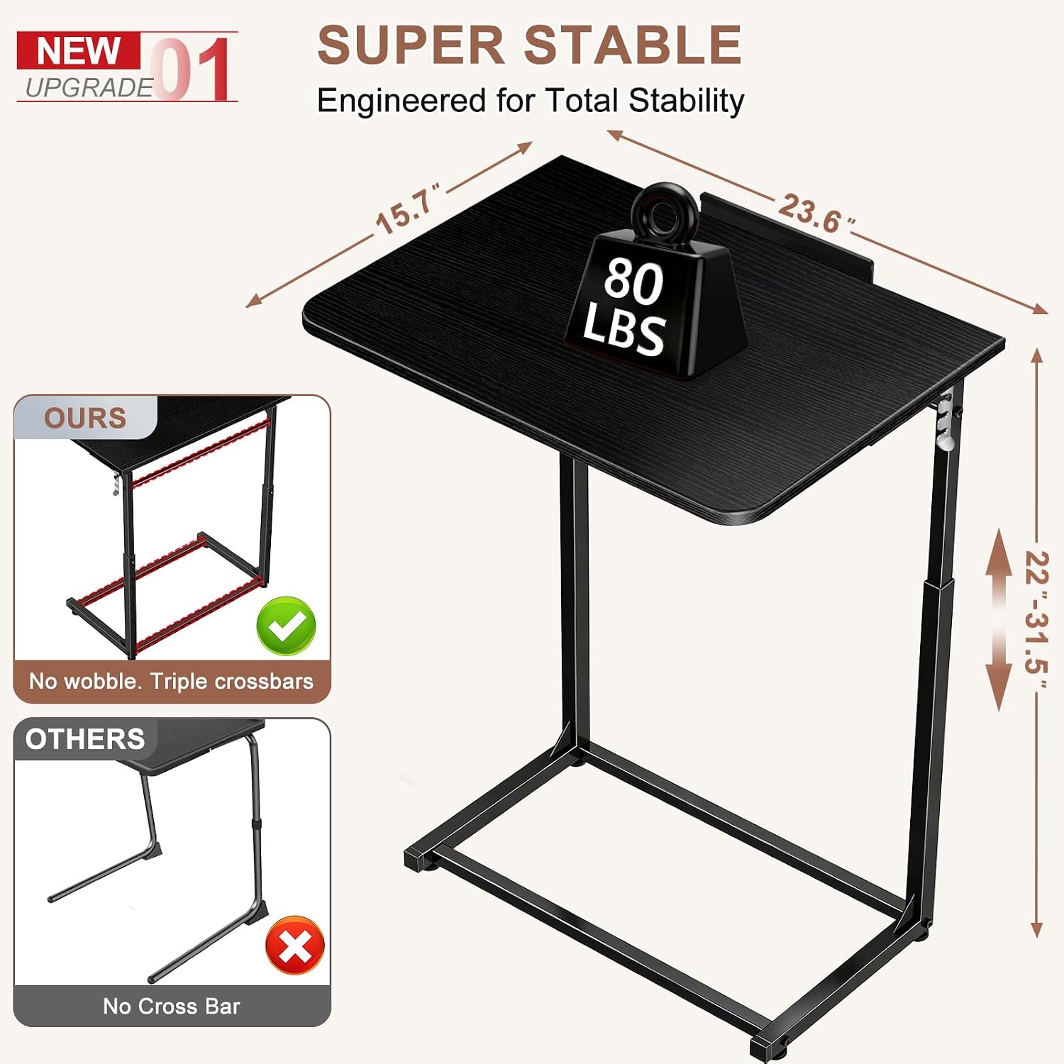 Adjustable C-Shaped Folding Tv Tray Table Black