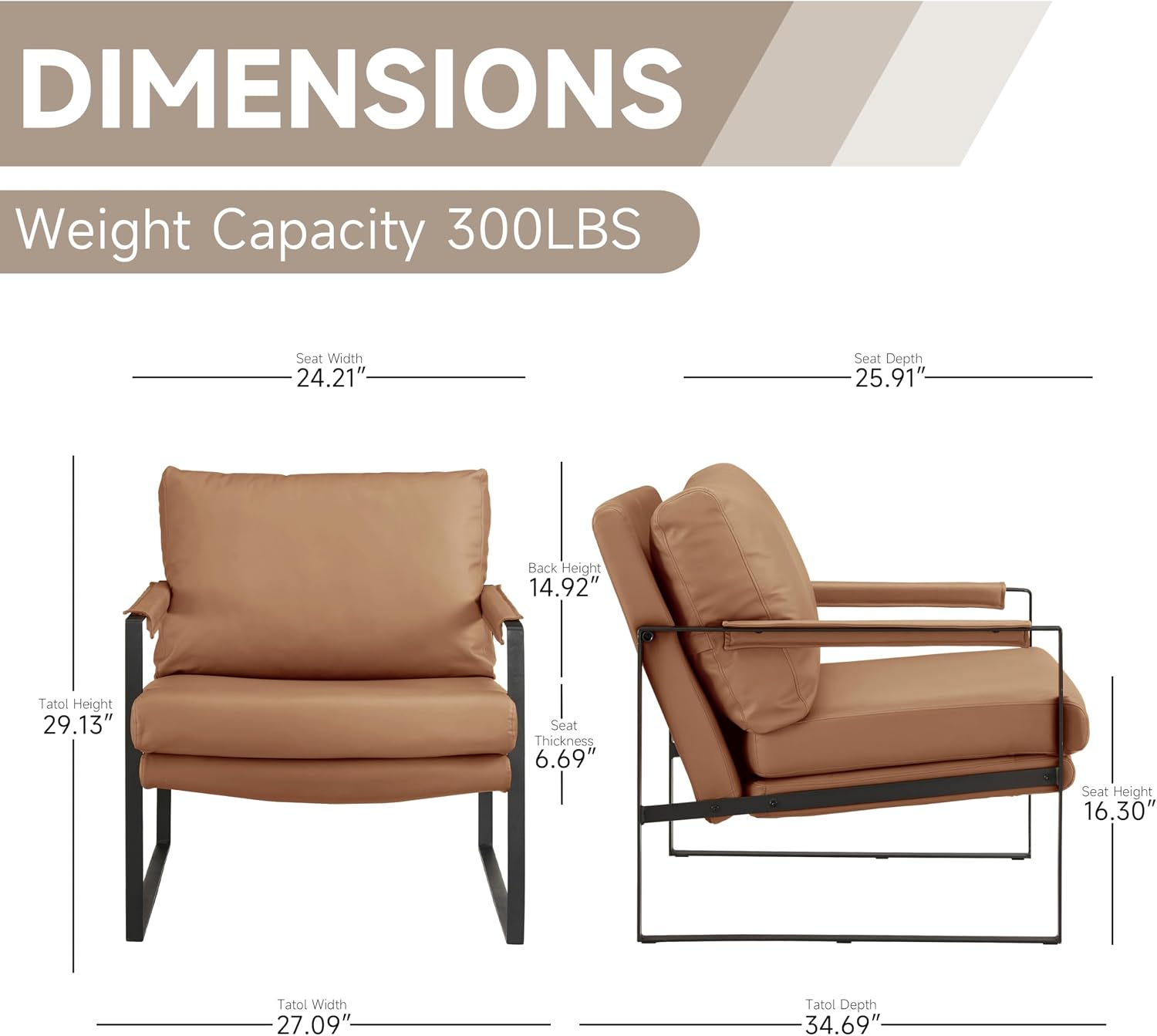 Khaki Genuine Leather Chair Metal Frame Arms