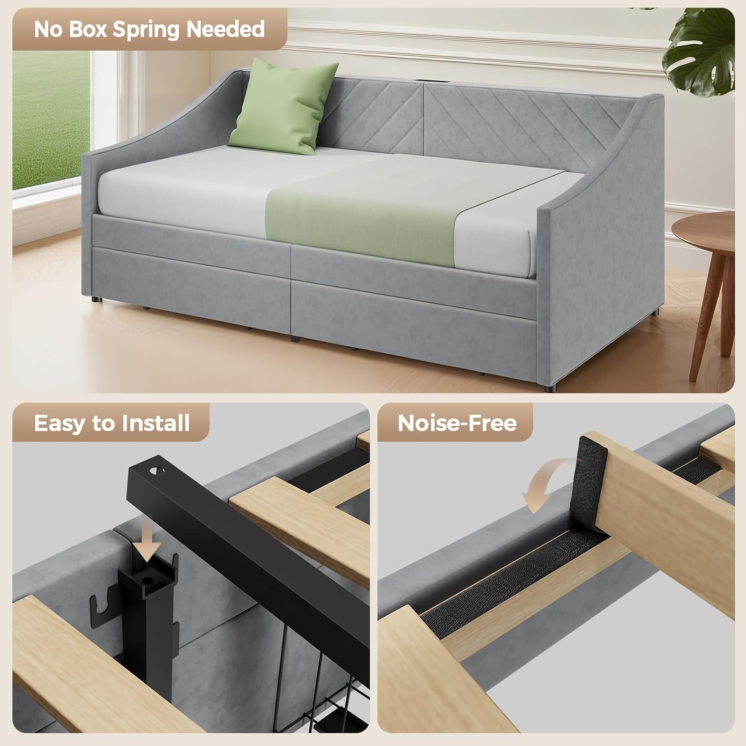 Upholstered Twin Daybed Drawers Charging Station
