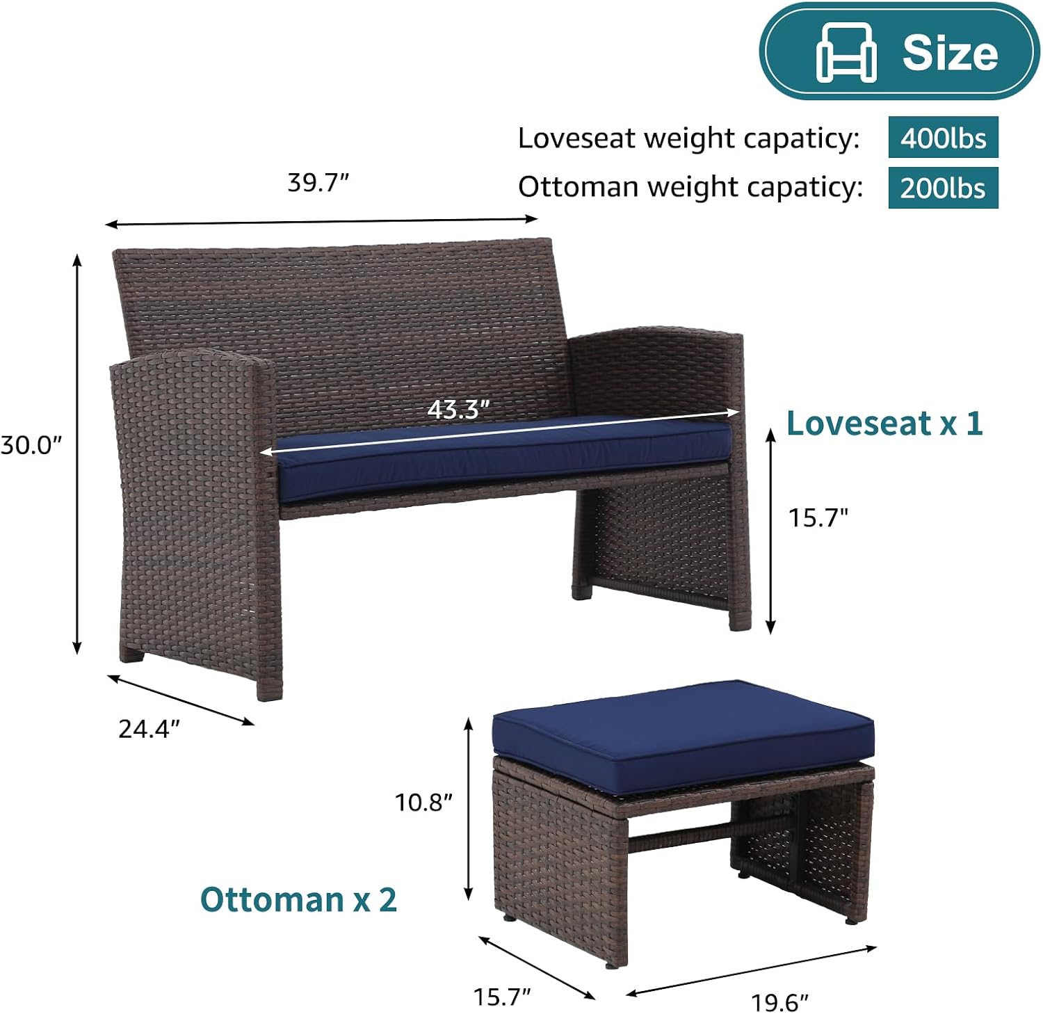 Navy Blue Wicker Loveseat Hidden Ottoman Set