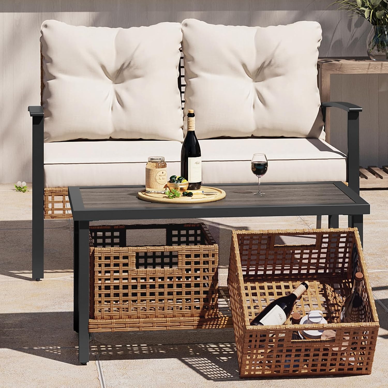 Beige Wicker Patio Loveseat Coffee Table Set