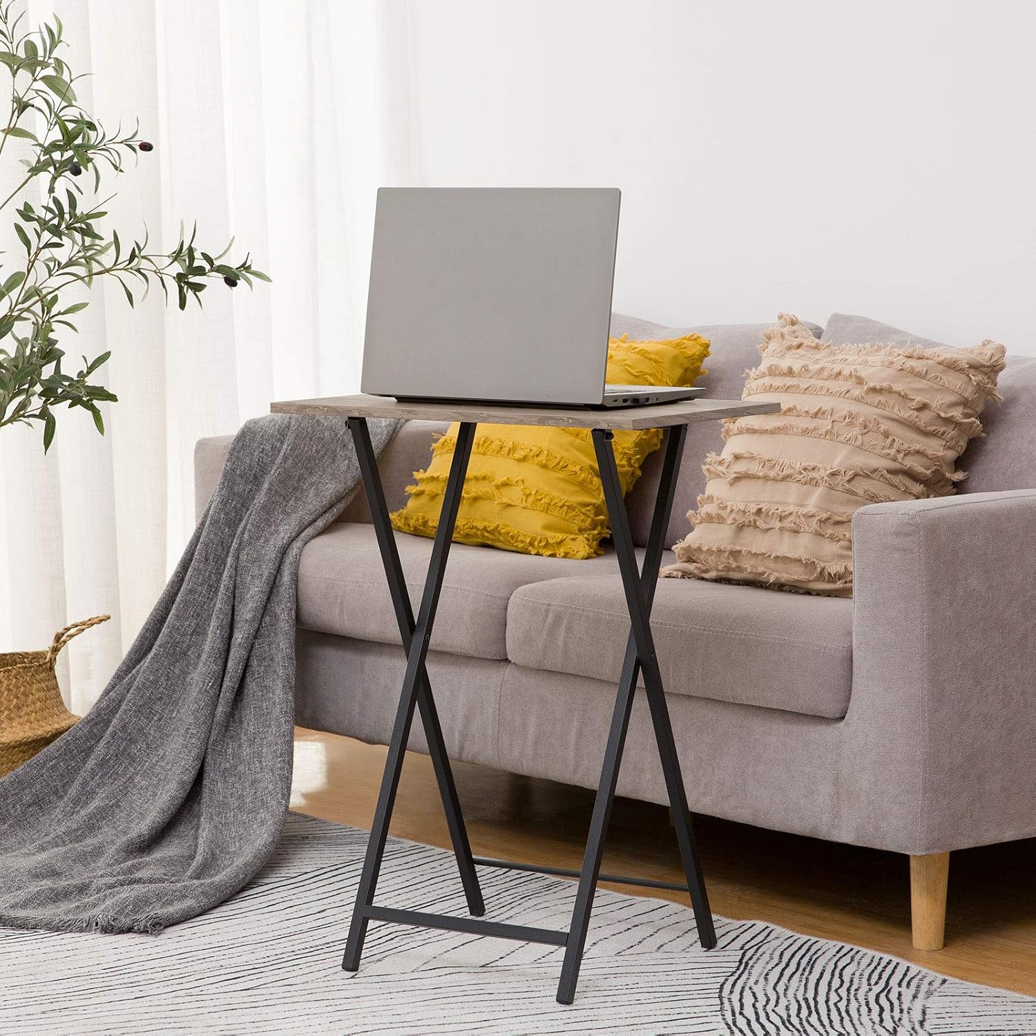 Four Greige Black Folding TV Tray Tables Rack