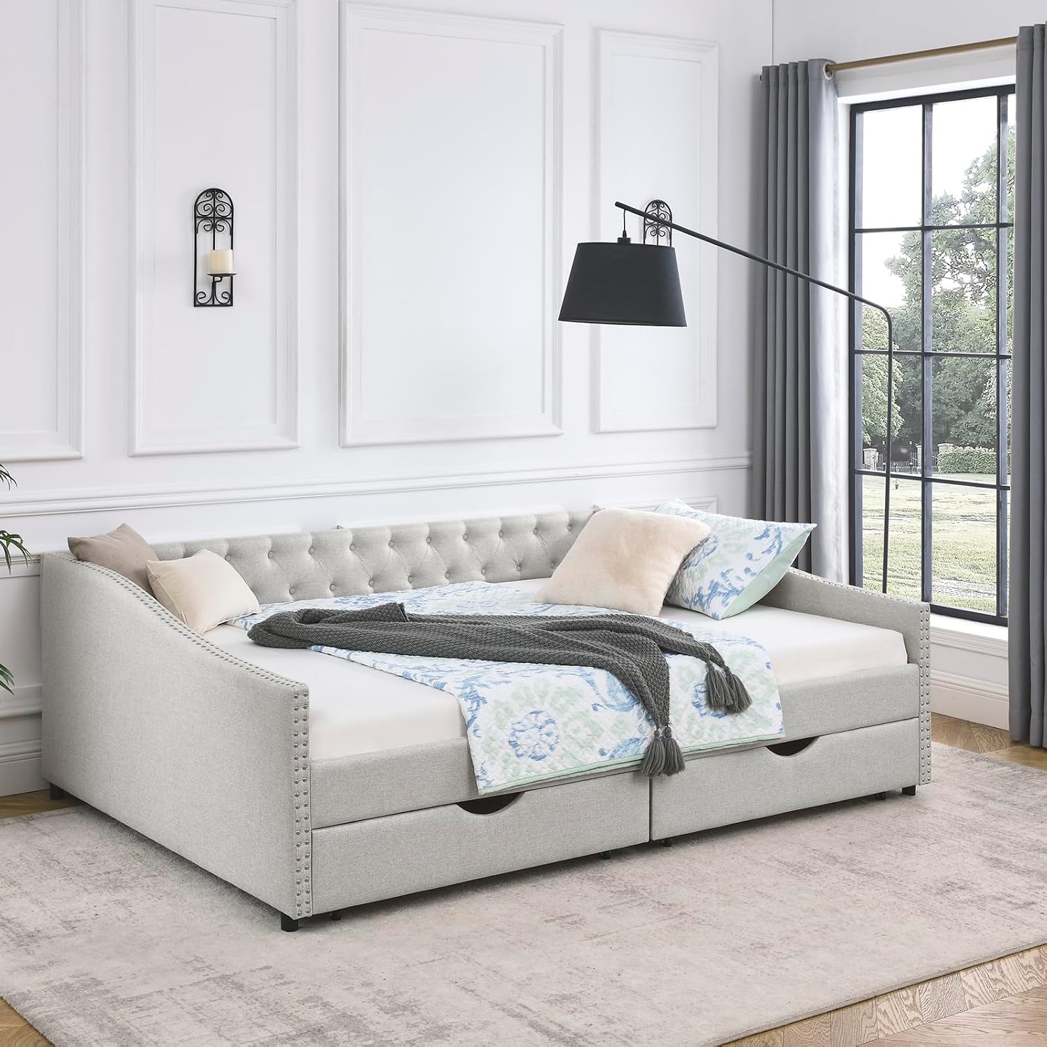 Beige Upholstered Twin Daybed Two Storage Drawers