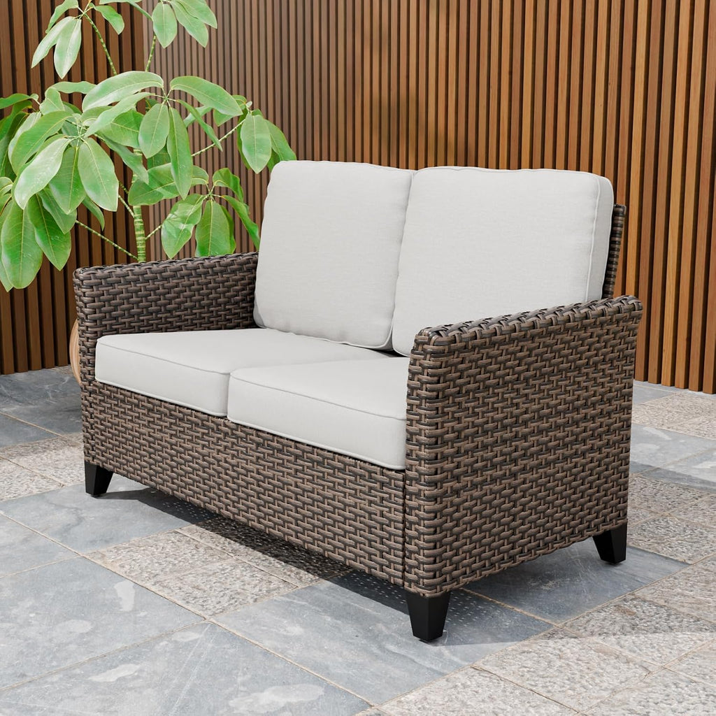 Brown Beige Wicker Loveseat Deep Patio Cushions