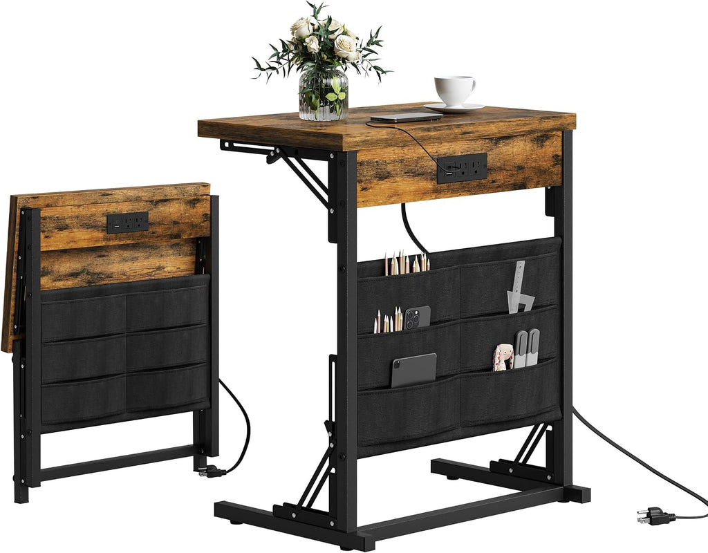 Rustic Brown C-Shaped Table Charging Station Storage
