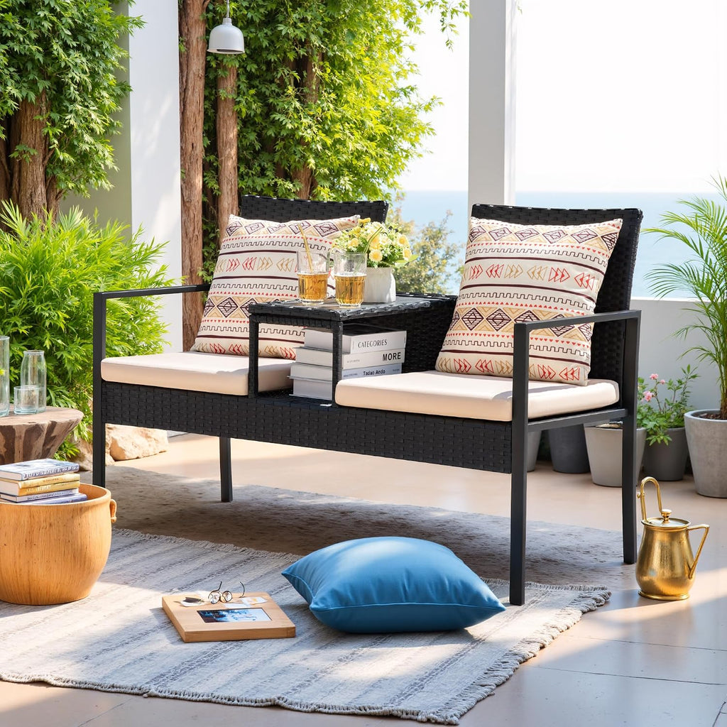 Beige Wicker Loveseat Built-in Table Cushions