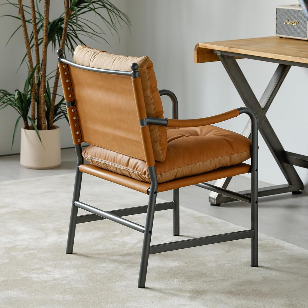 Light Brown PU Leather Chair Black Metal Frame