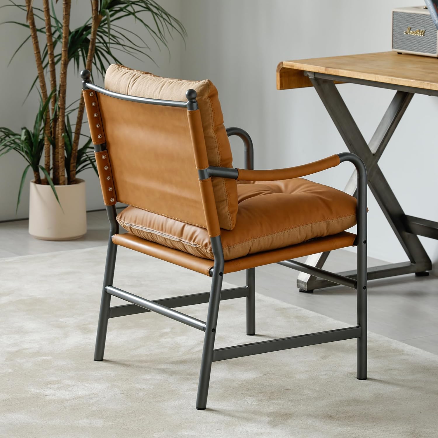 Light Brown PU Leather Chair Black Metal Frame