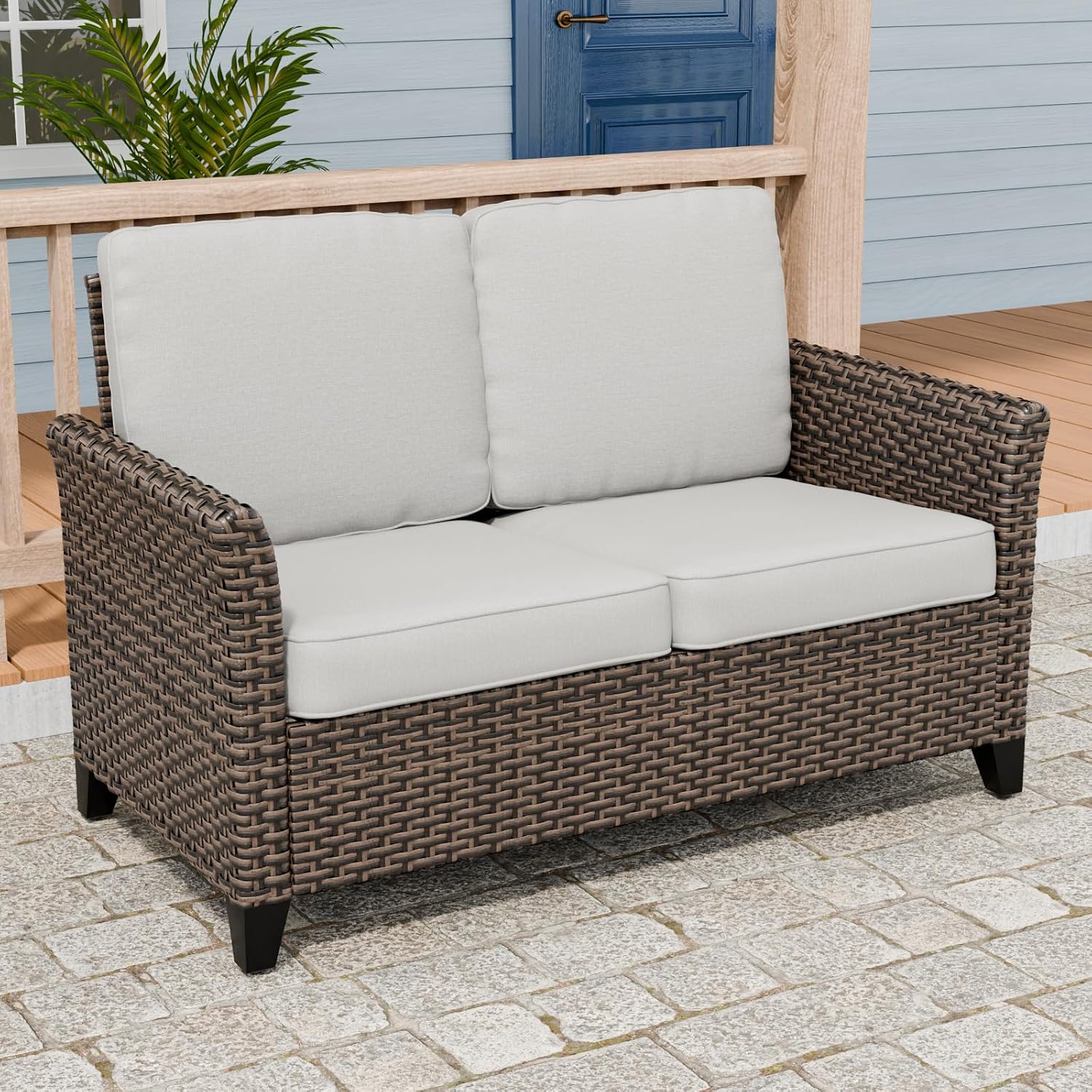 Brown Beige Wicker Loveseat Deep Patio Cushions