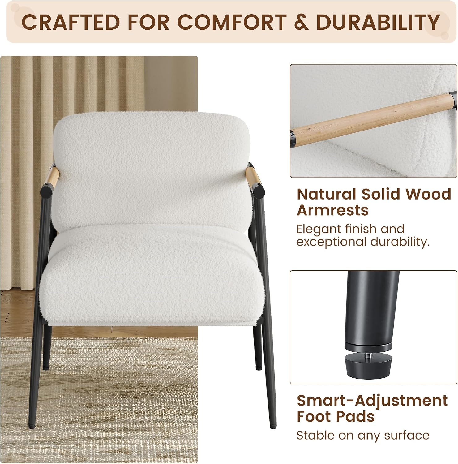 White Accent Chair Metal Frame Wood Armrest