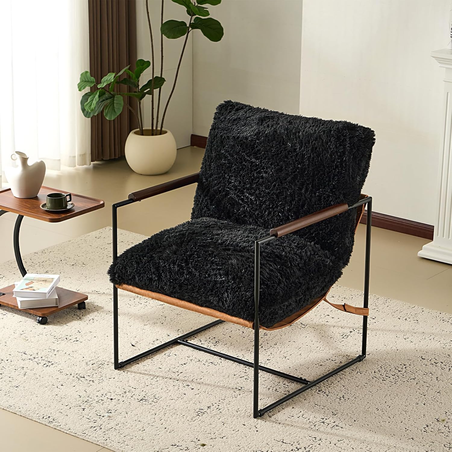 Black Sling Accent Chair Metal Frame Microfiber