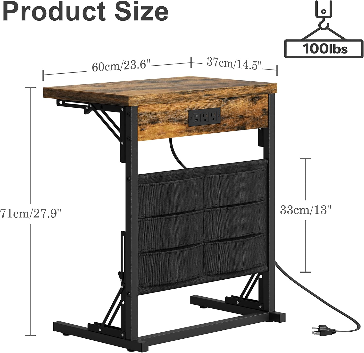 Rustic Brown C-Shaped Table Charging Station Storage