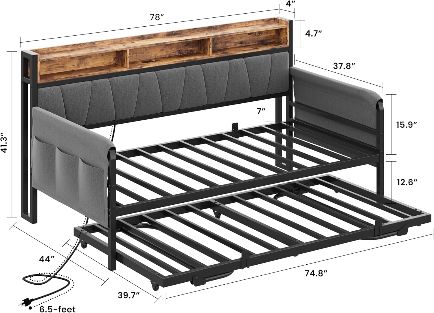 Black Upholstered Daybed Trundle Charging Station