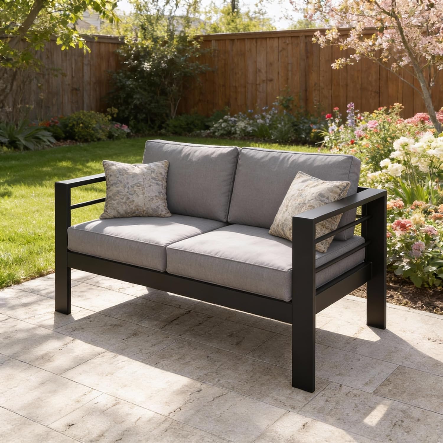 Light Grey Aluminum Patio Loveseat Olefin Cushions