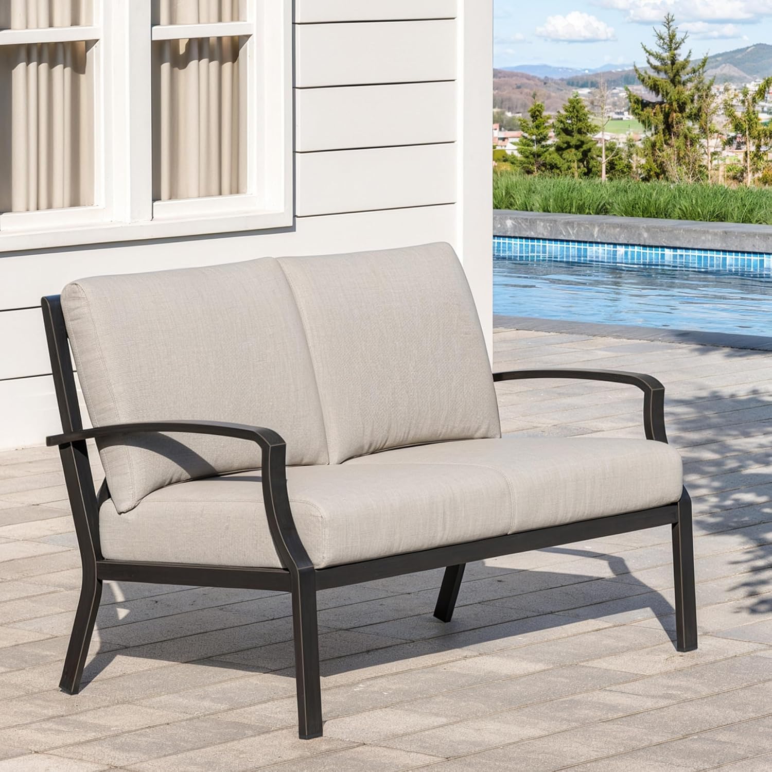 Dark Bronze Aluminum Loveseat Thick Outdoor Cushions