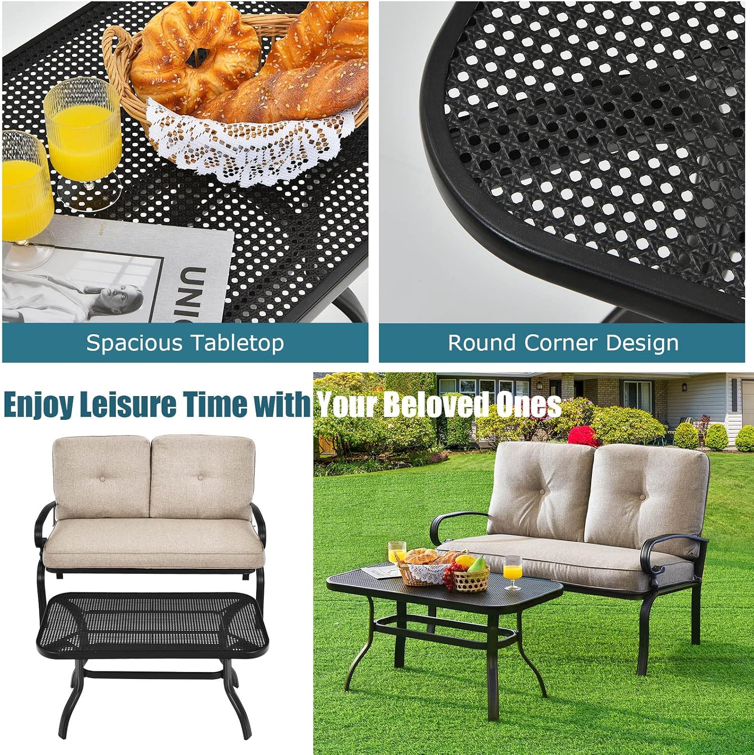 Beige Patio Loveseat Coffee Table Cushioned Set