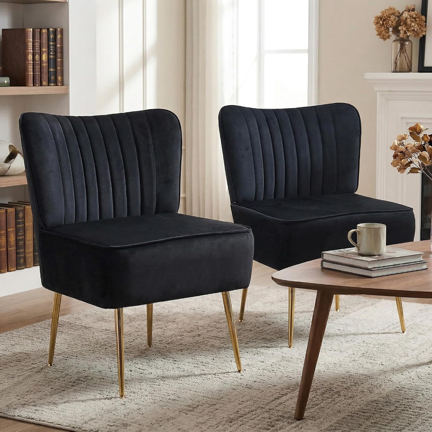 Black Velvet Accent Chairs 2 Pack Gold Metal Legs