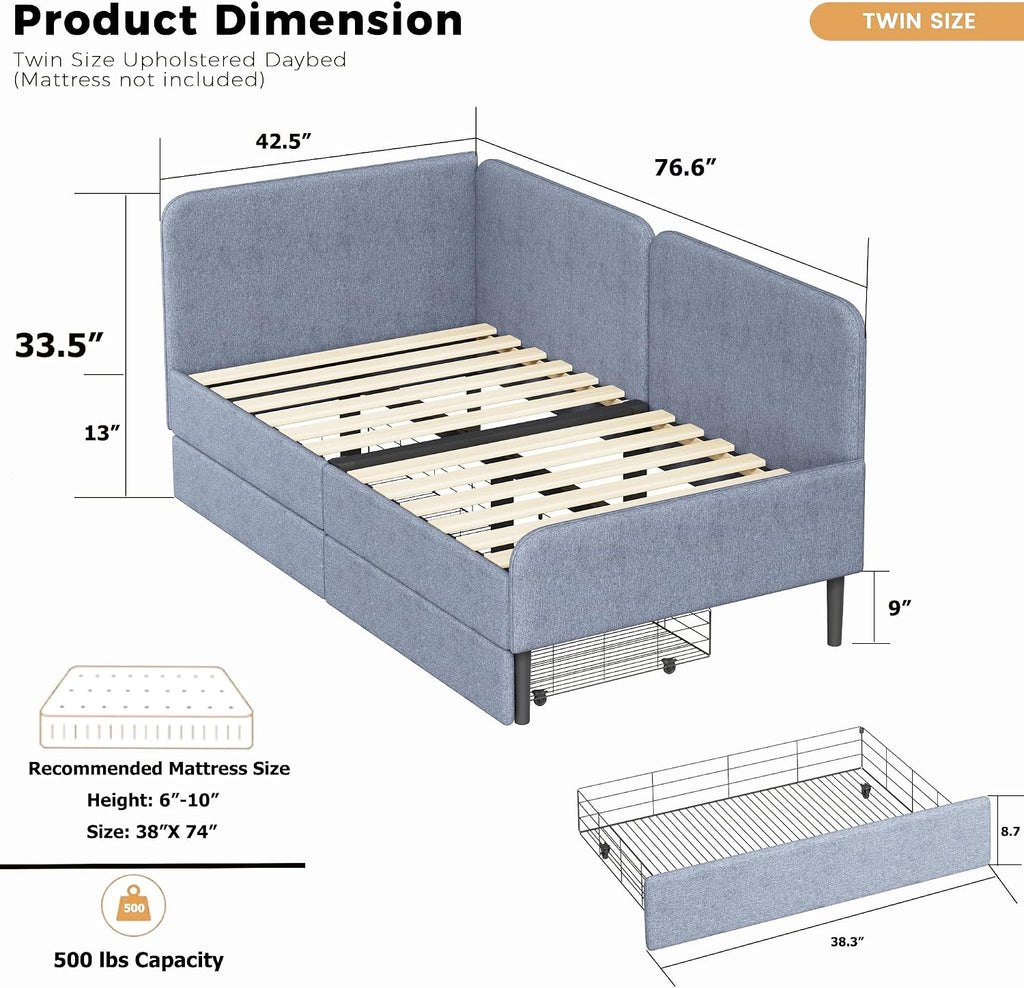 Light Grey Upholstered Twin Daybed Two Drawers