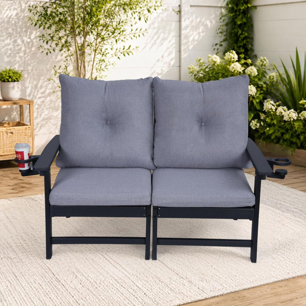 Black HDPE Loveseat Gray Cushions Cup Holder