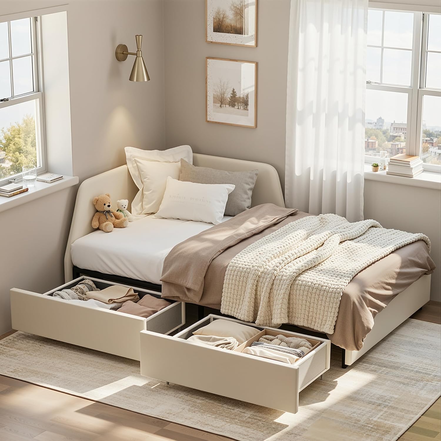 Beige Upholstered Twin Corner Daybed Two Drawers