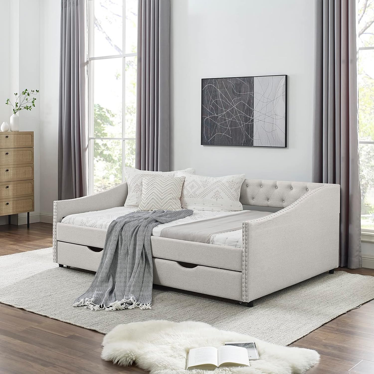 Beige Upholstered Daybed Frame Two Storage Drawers