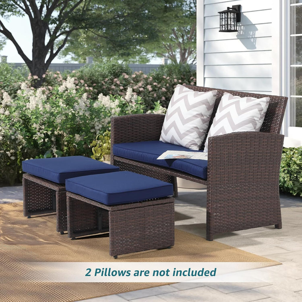 Navy Blue Wicker Loveseat Hidden Ottoman Set