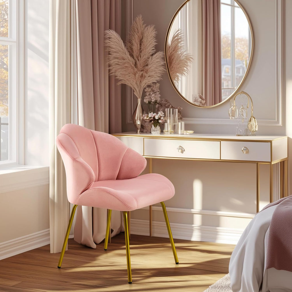Pink Velvet Shell Vanity Chair Gold Metal Legs