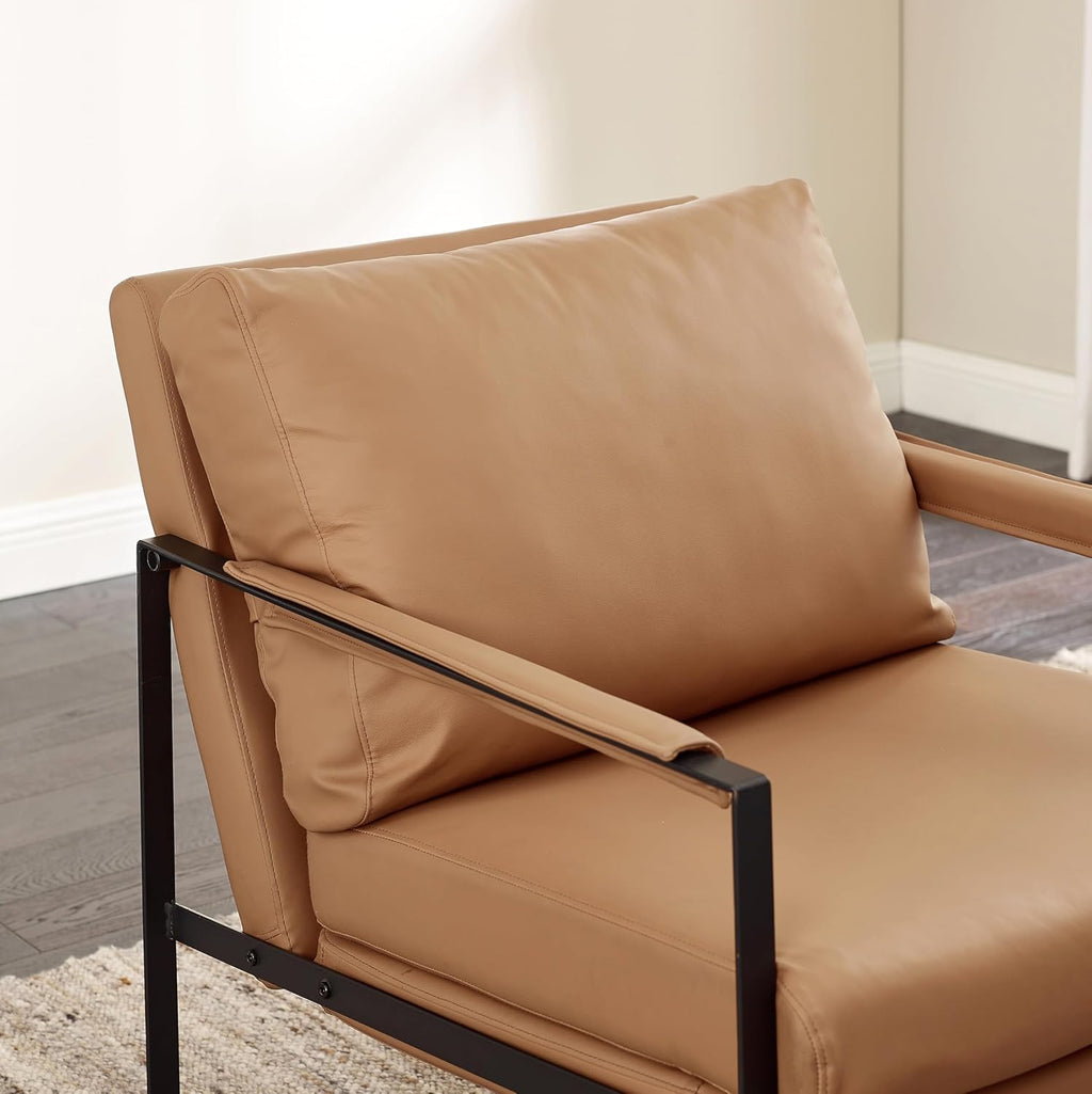 Khaki Genuine Leather Chair Metal Frame Arms