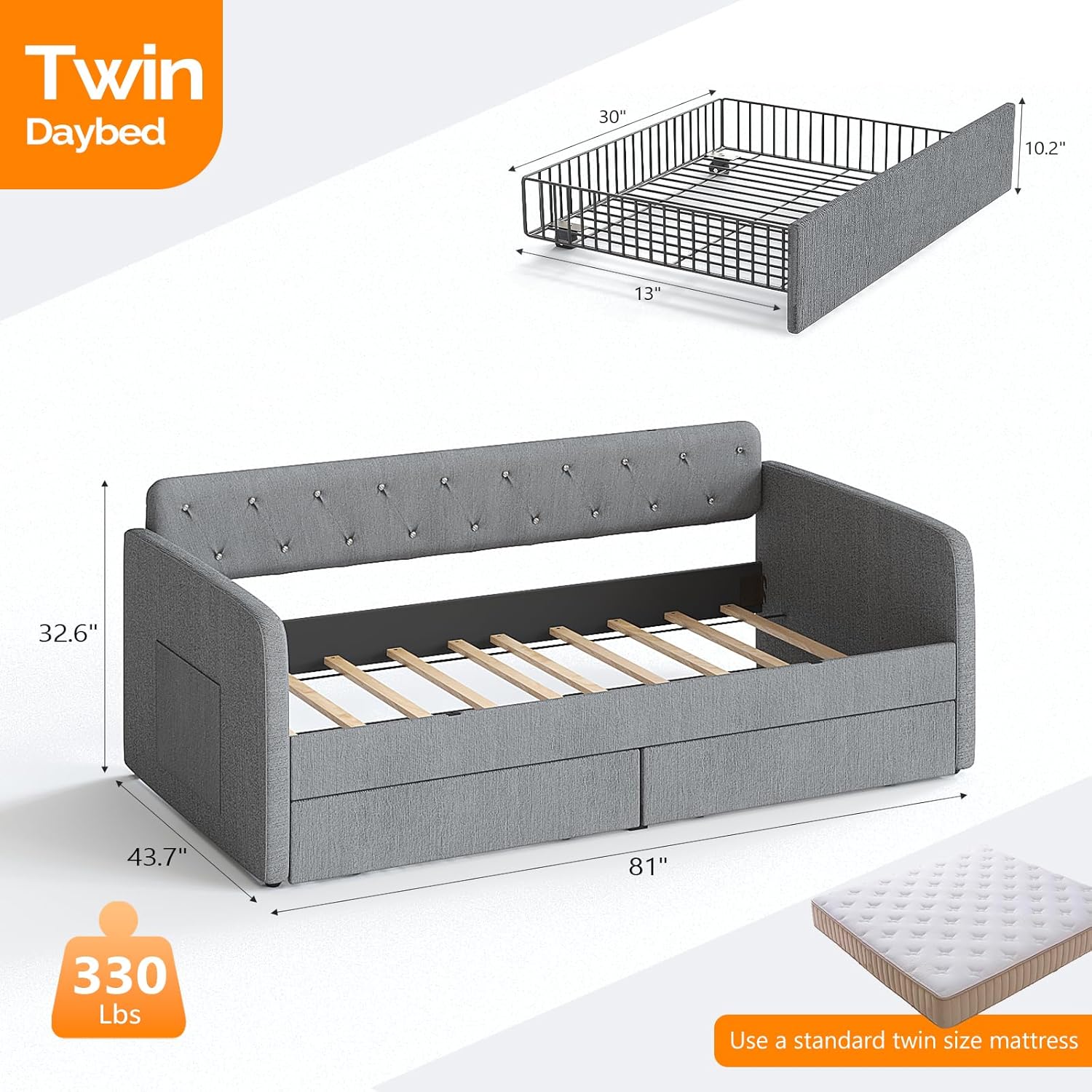 Gray Chenille Upholstered Twin Daybed Two Drawers