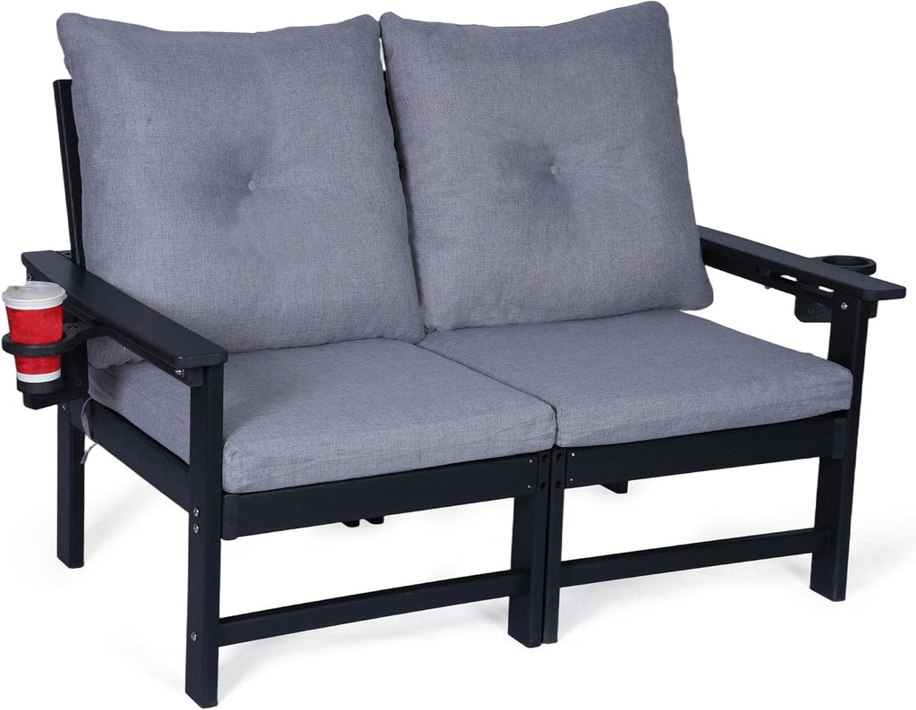 Black HDPE Loveseat Gray Cushions Cup Holder