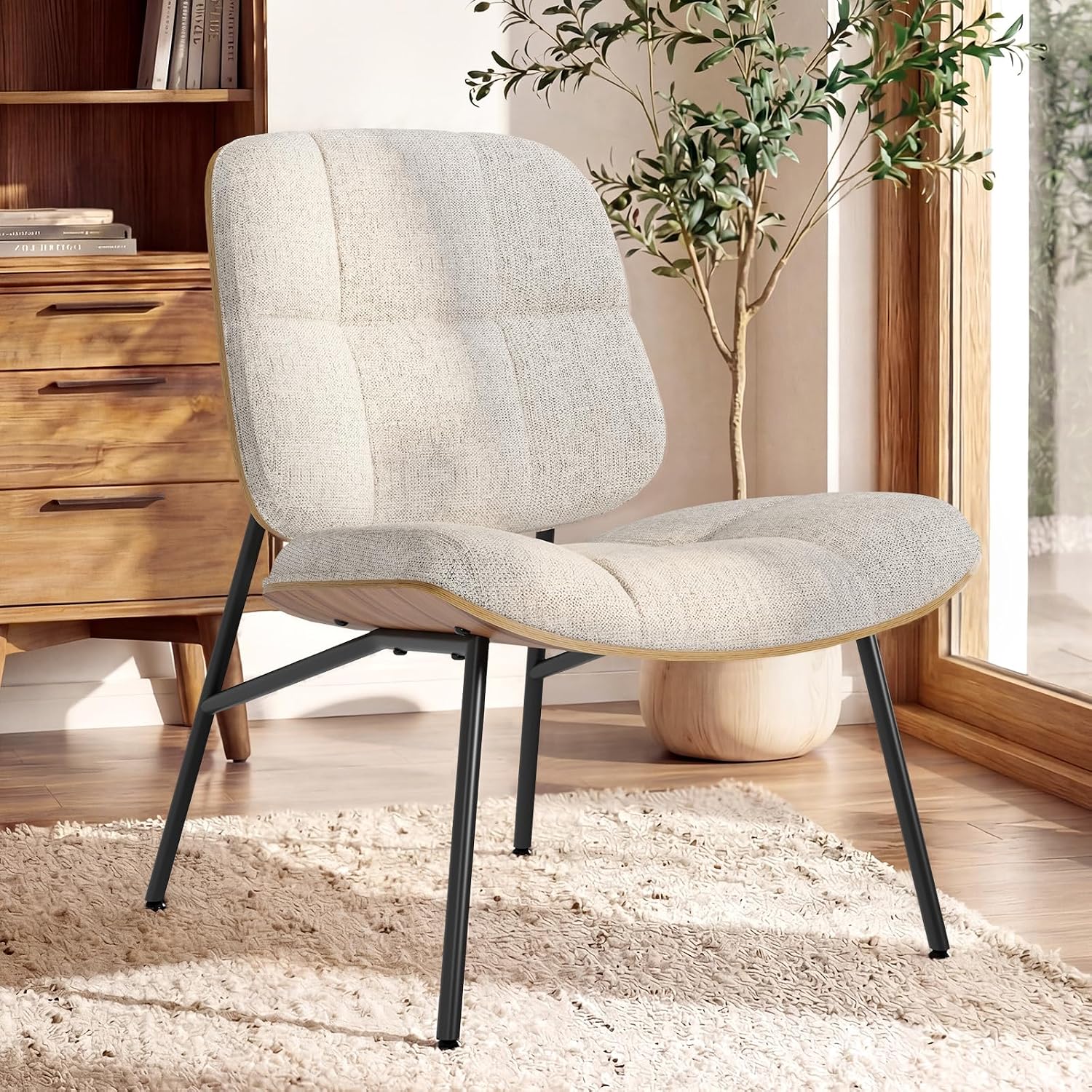 Beige Chenille Armless Chair Bentwood Metal Legs