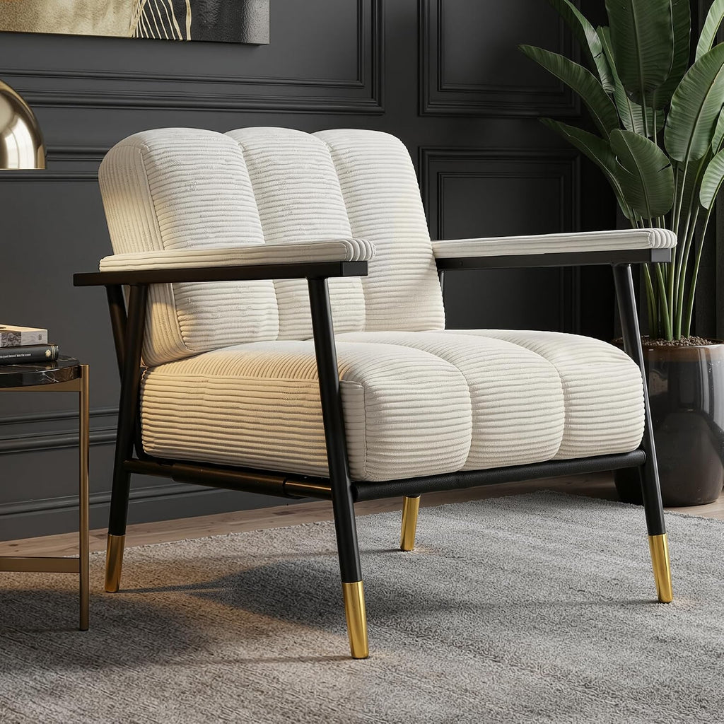 White Corduroy Accent Chair Sturdy Metal Frame
