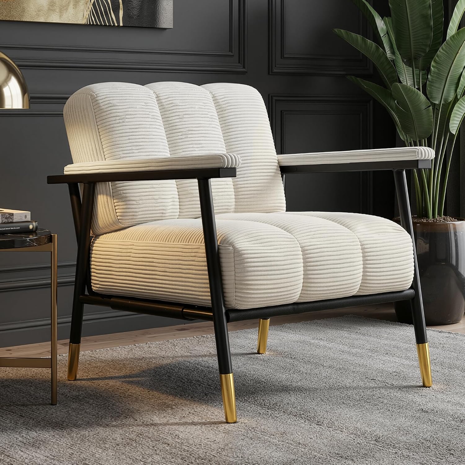 White Corduroy Accent Chair Sturdy Metal Frame
