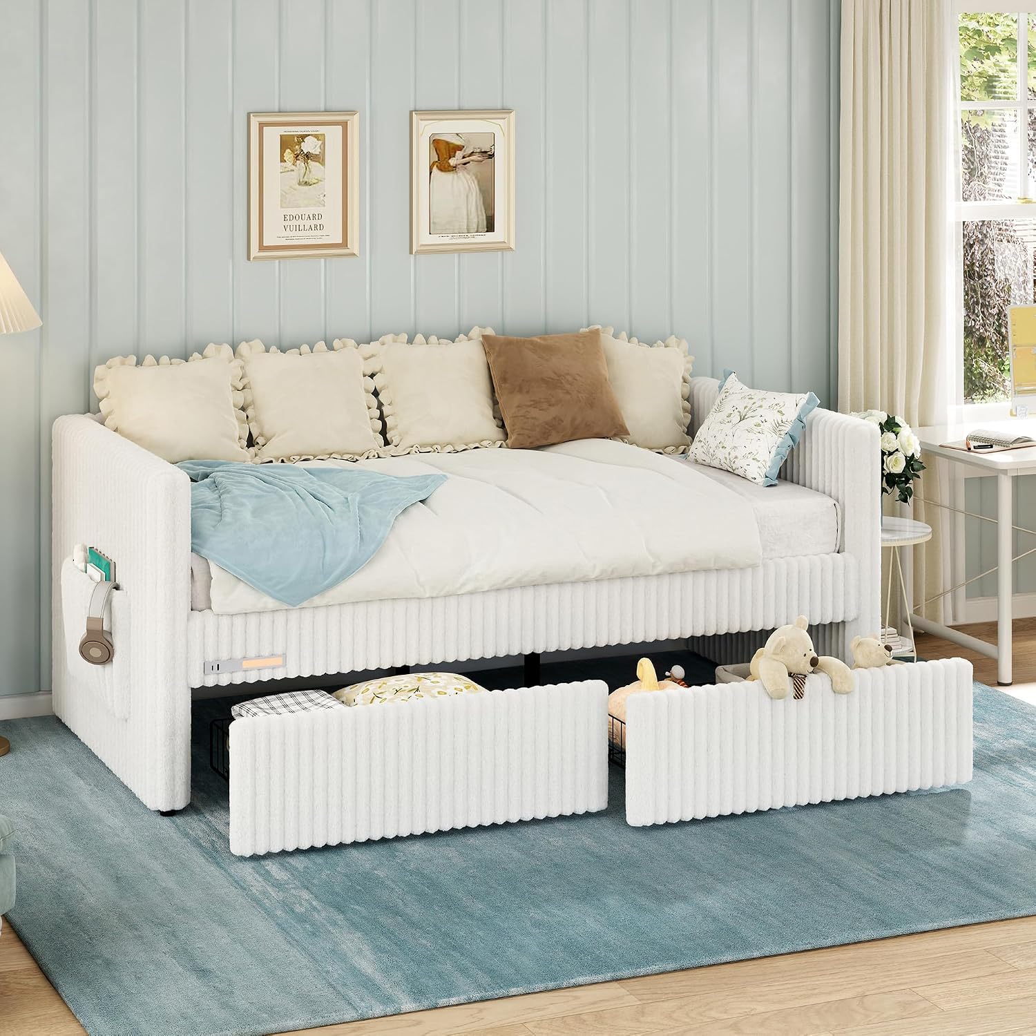 Cream Faux Fur Twin Daybed Drawers Charging Station