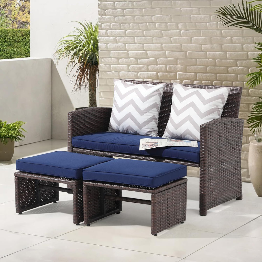 Navy Blue Wicker Loveseat Hidden Ottoman Set