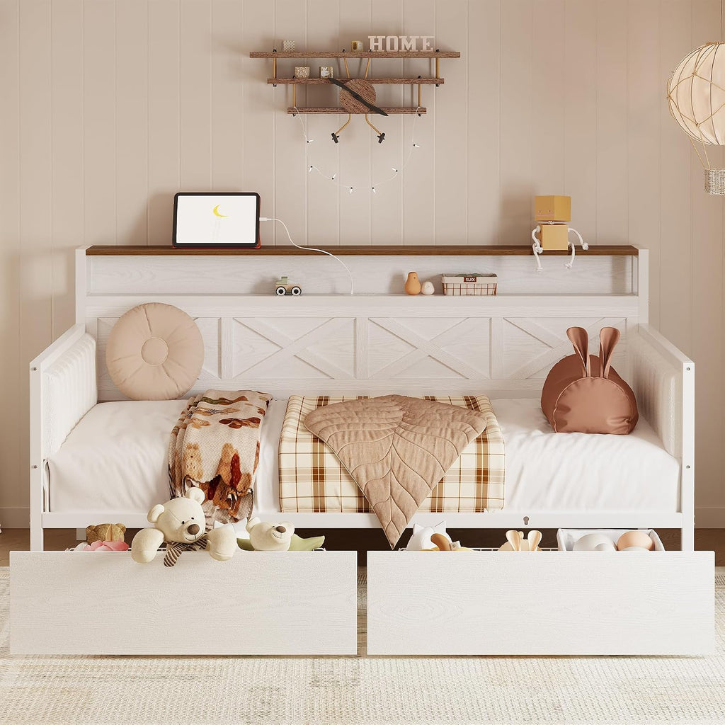 White Walnut Twin Daybed Charging Station Drawers