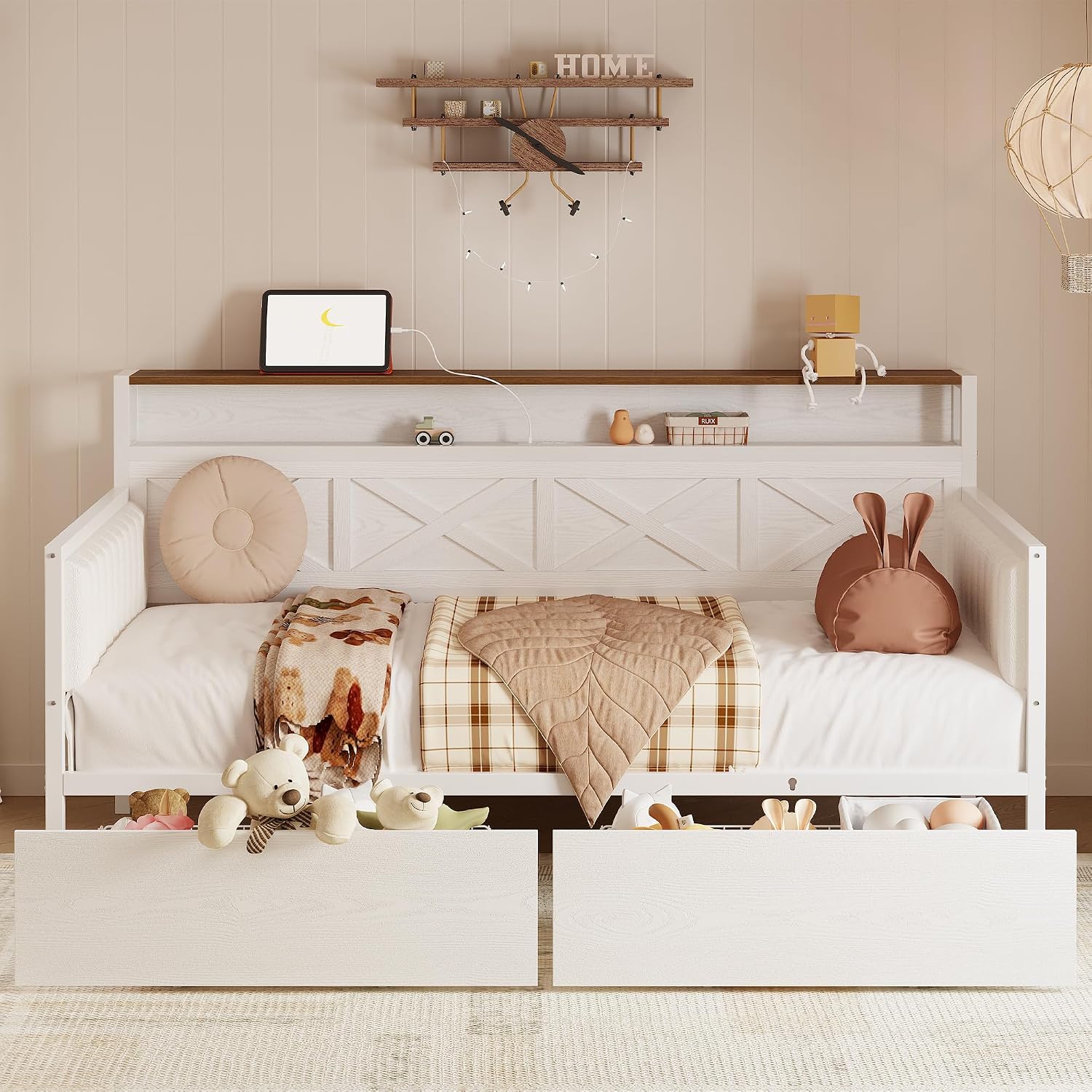 White Walnut Twin Daybed Charging Station Drawers