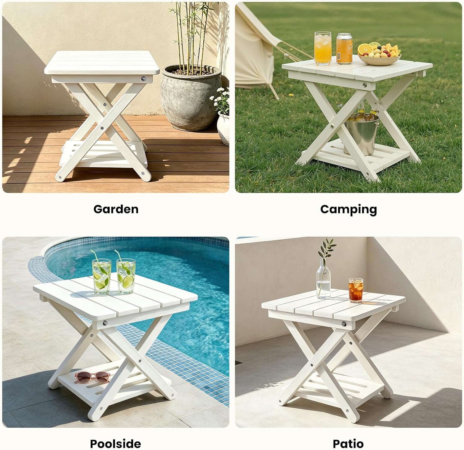 Two-Tier White HDPE Outdoor Folding Side Table