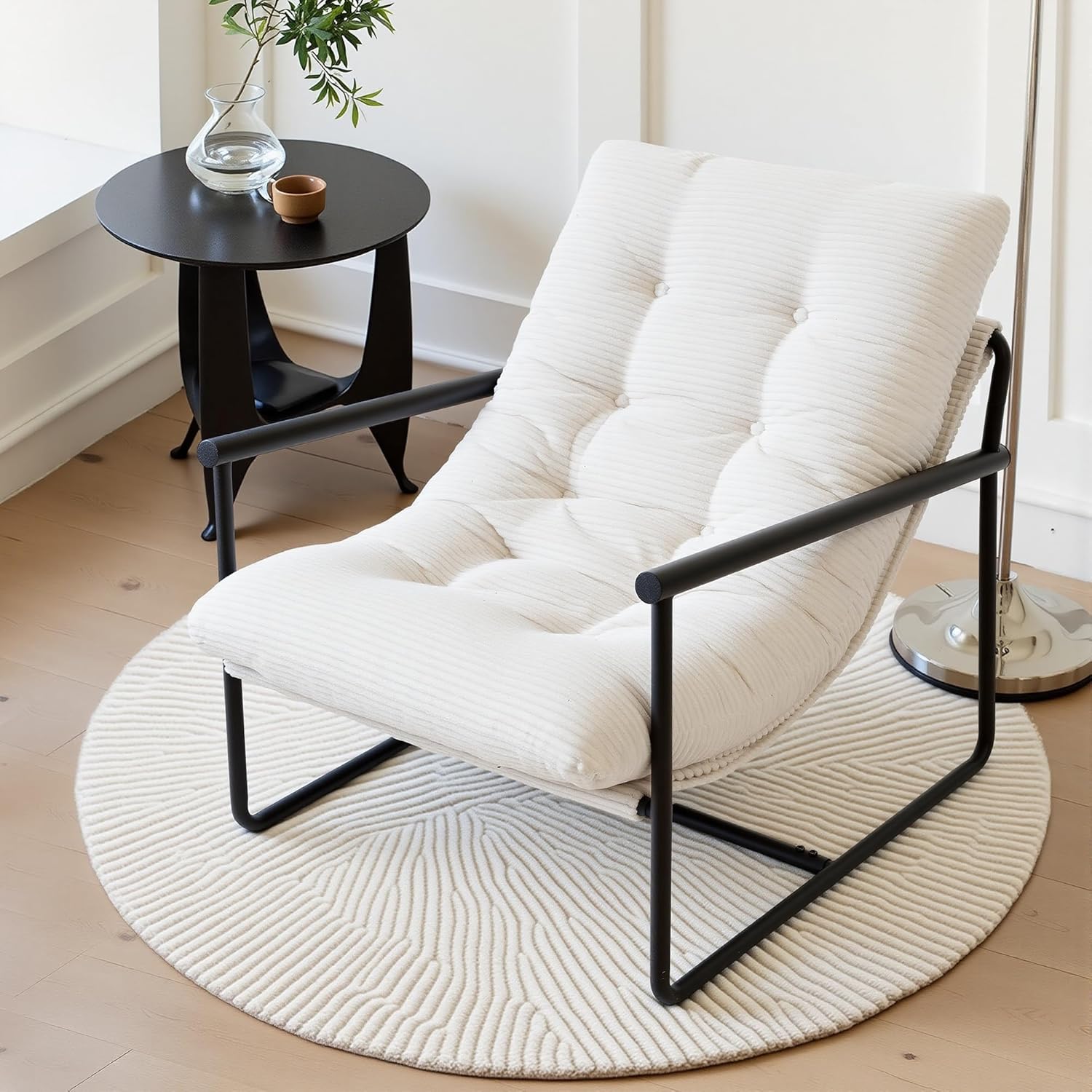 Beige Upholstered Metal Frame Accent Chair