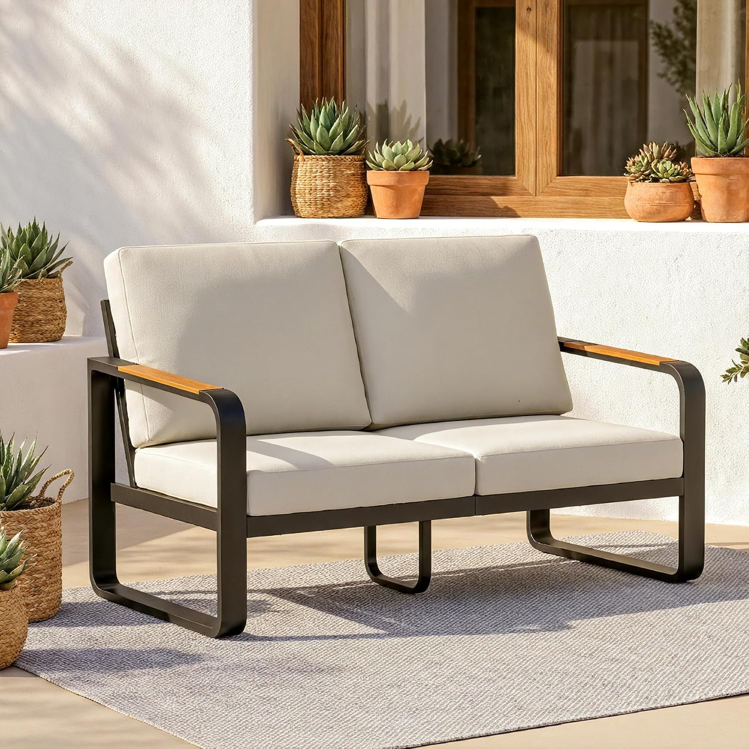 Beige Metal Outdoor Loveseat Thick Comfort Cushions