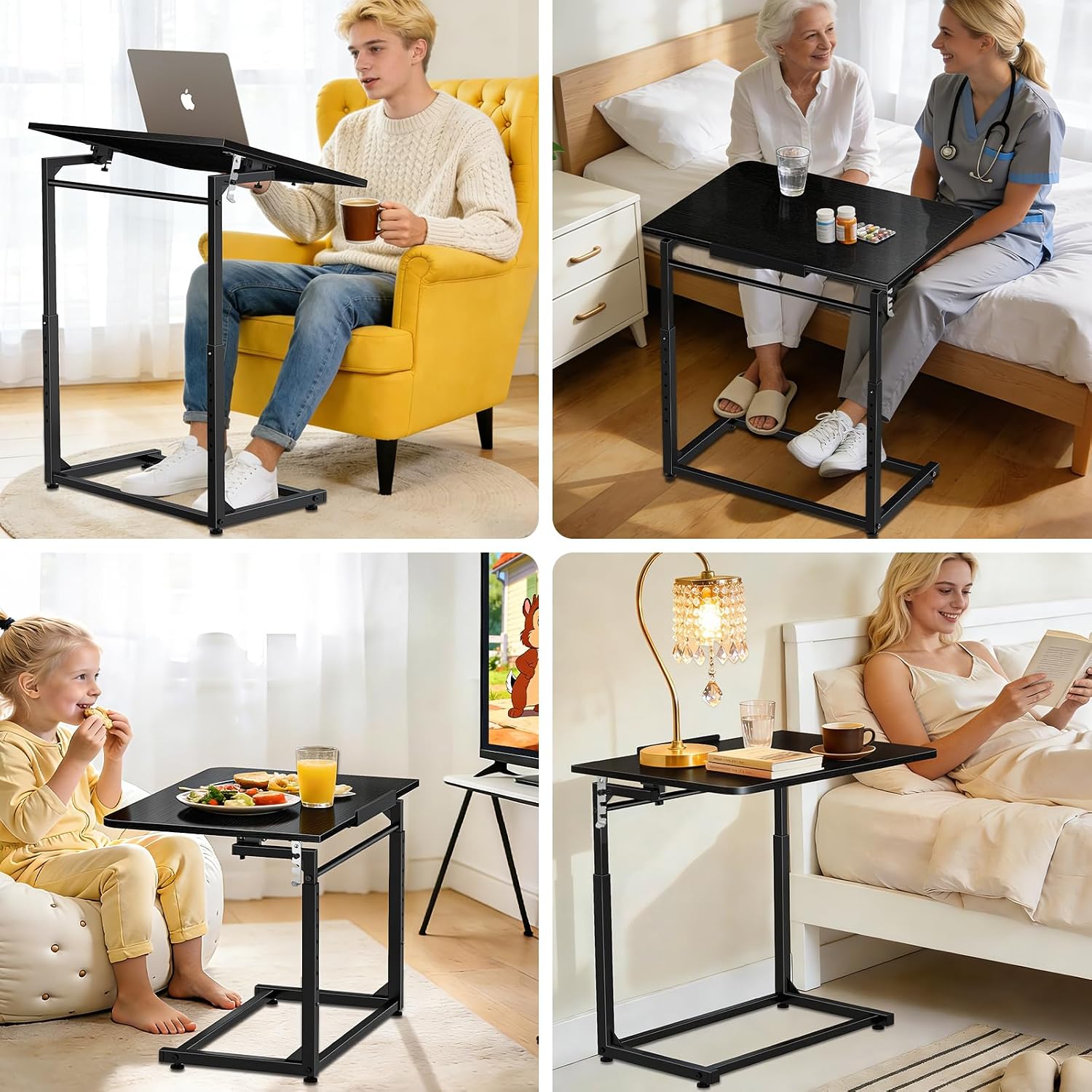 Adjustable C-Shaped Folding Tv Tray Table Black
