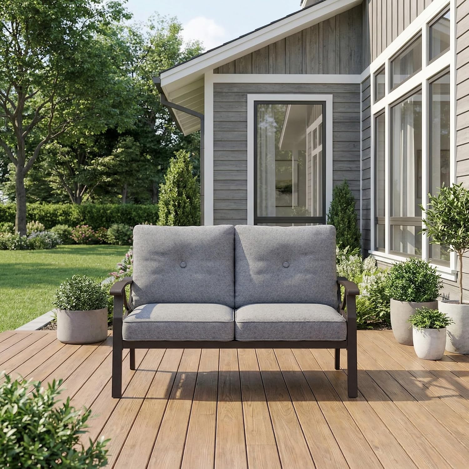 Khaki Metal Patio Loveseat Gray Outdoor Cushions