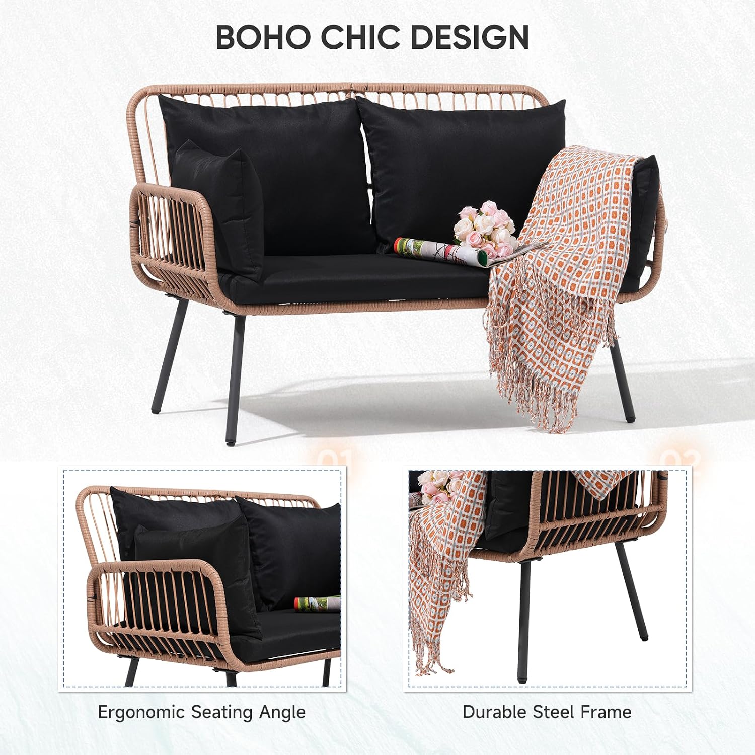 Verano Garden Wicker Loveseat Outdoor Cushions Pillows