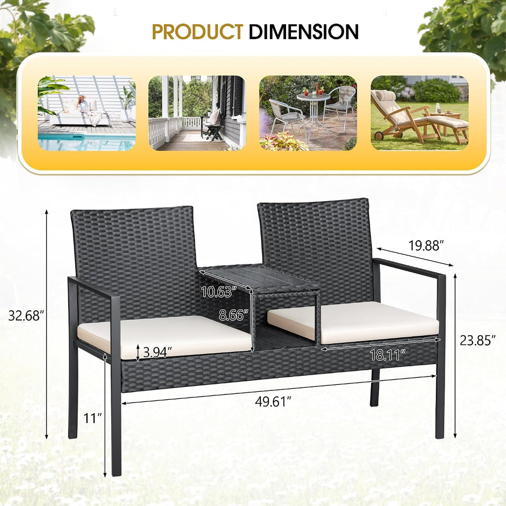 Beige Wicker Loveseat Built-in Table Cushions