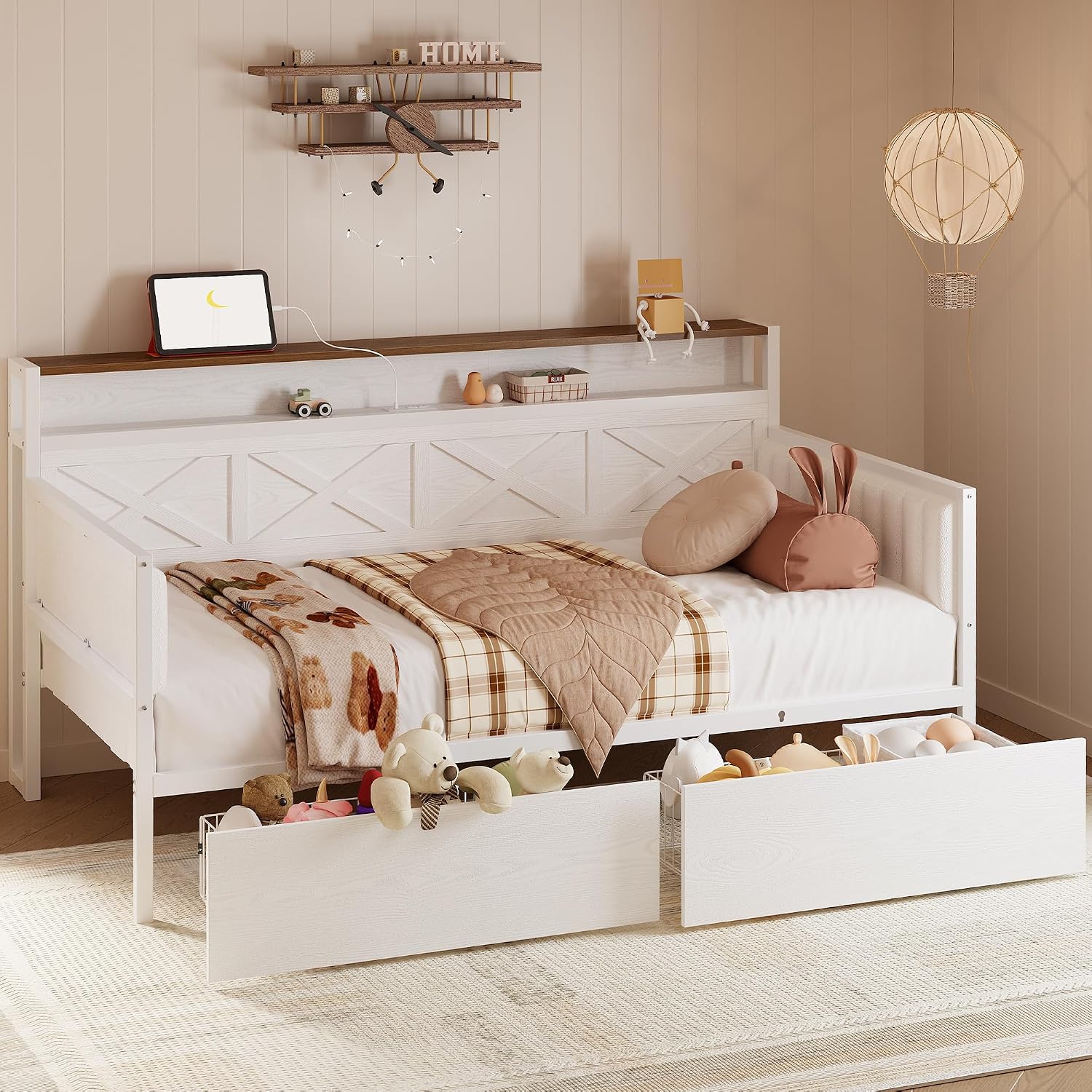 White Walnut Twin Daybed Charging Station Drawers