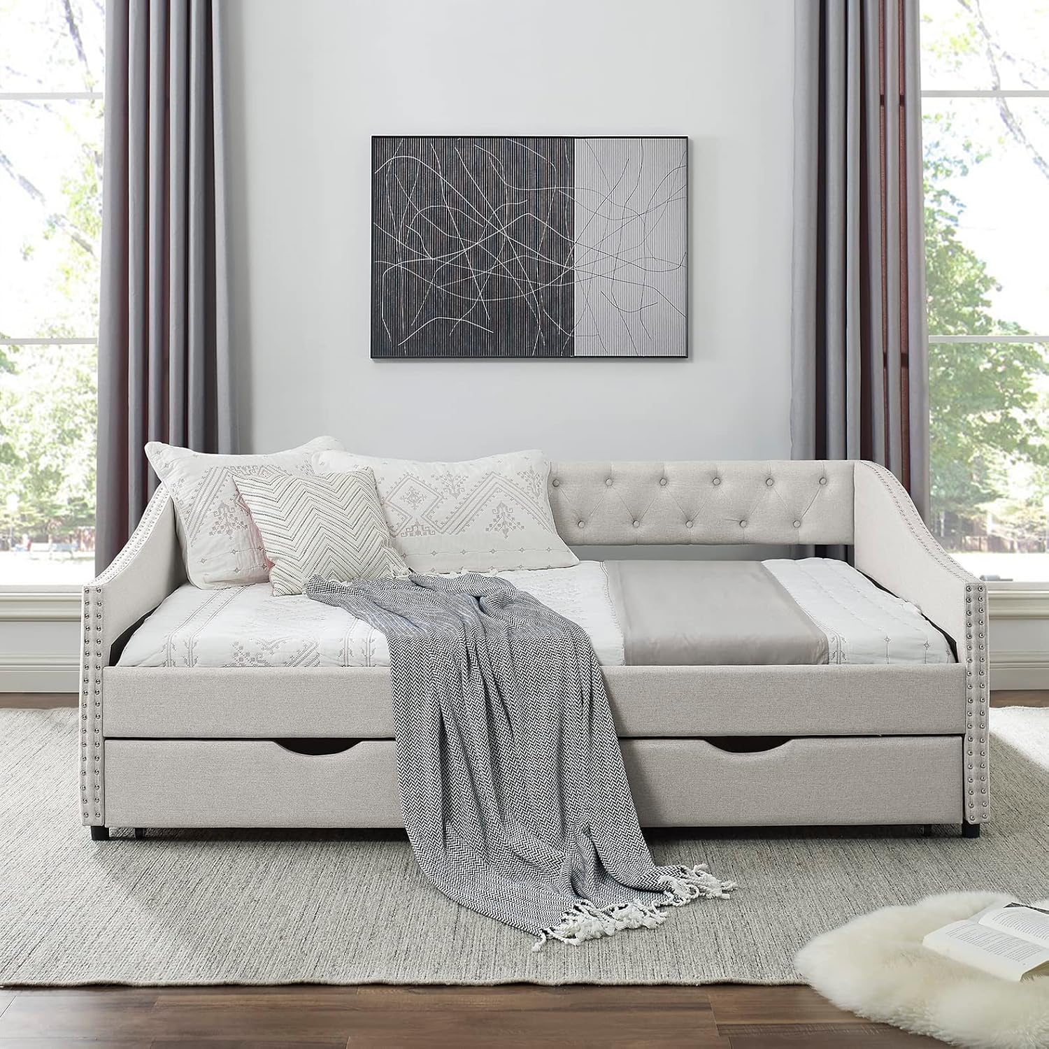 Beige Upholstered Daybed Frame Two Storage Drawers