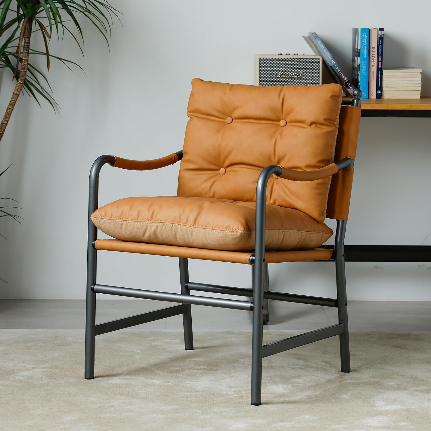 Light Brown PU Leather Chair Black Metal Frame
