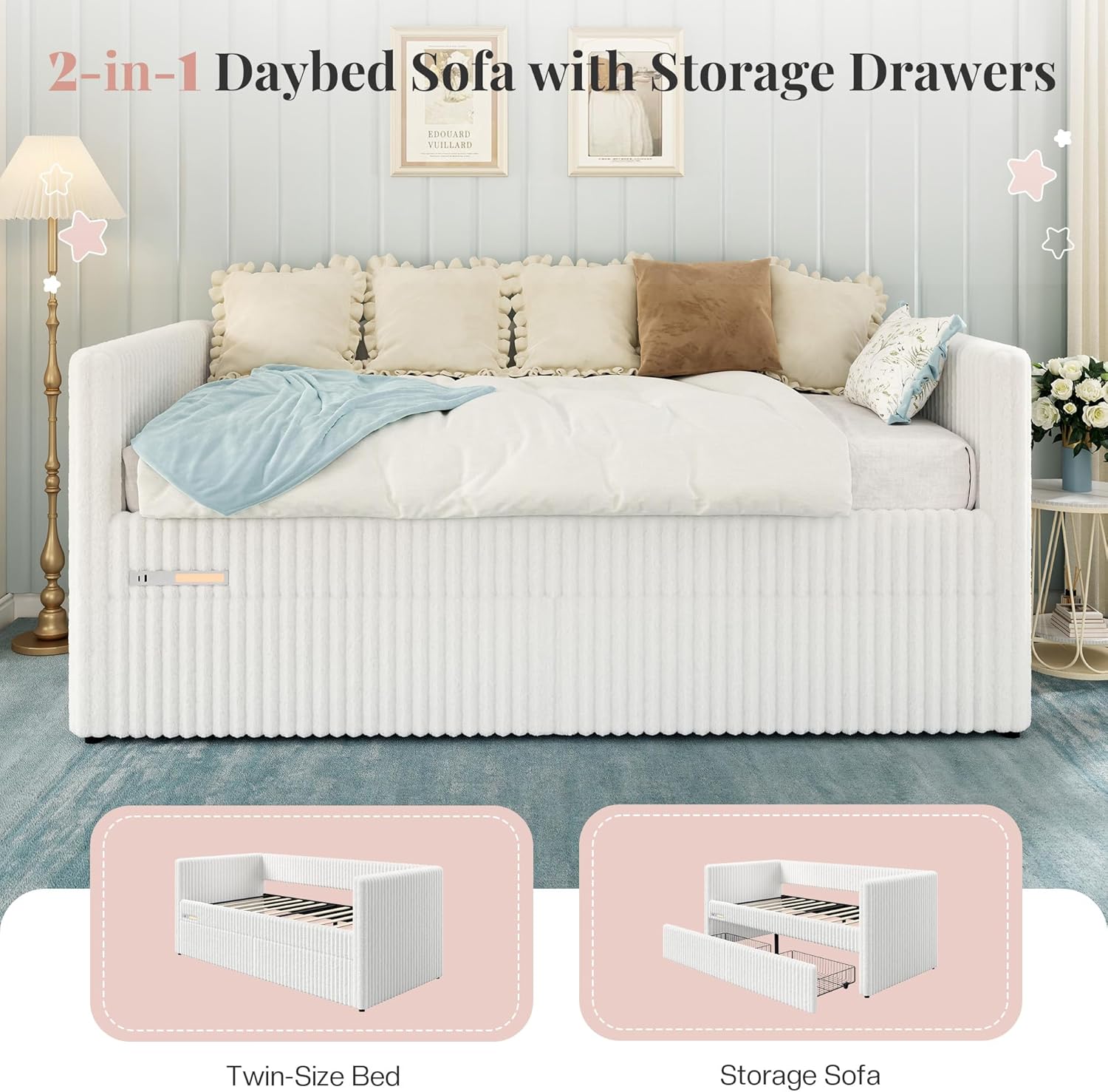 Cream Faux Fur Twin Daybed Drawers Charging Station