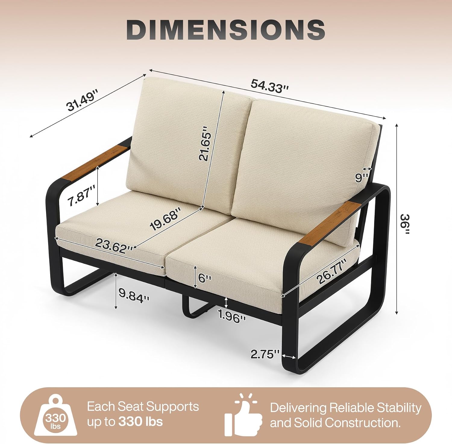 Beige Metal Outdoor Loveseat Thick Comfort Cushions