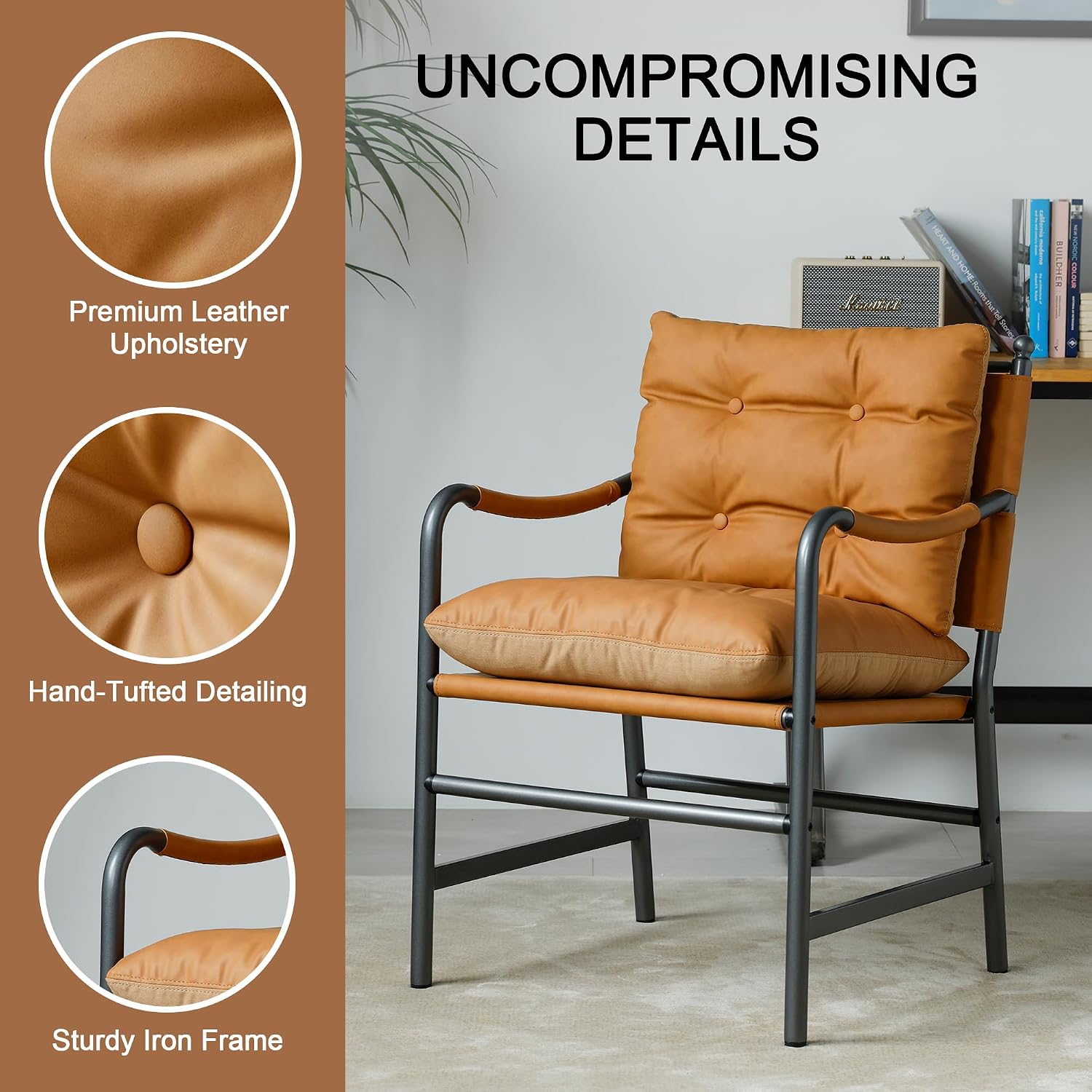 Light Brown PU Leather Chair Black Metal Frame